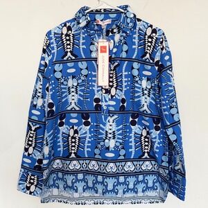 Jude Connally Pru Stretch Poplin Shirt Seaside Catch Sapphire Blue Lobster S NEW